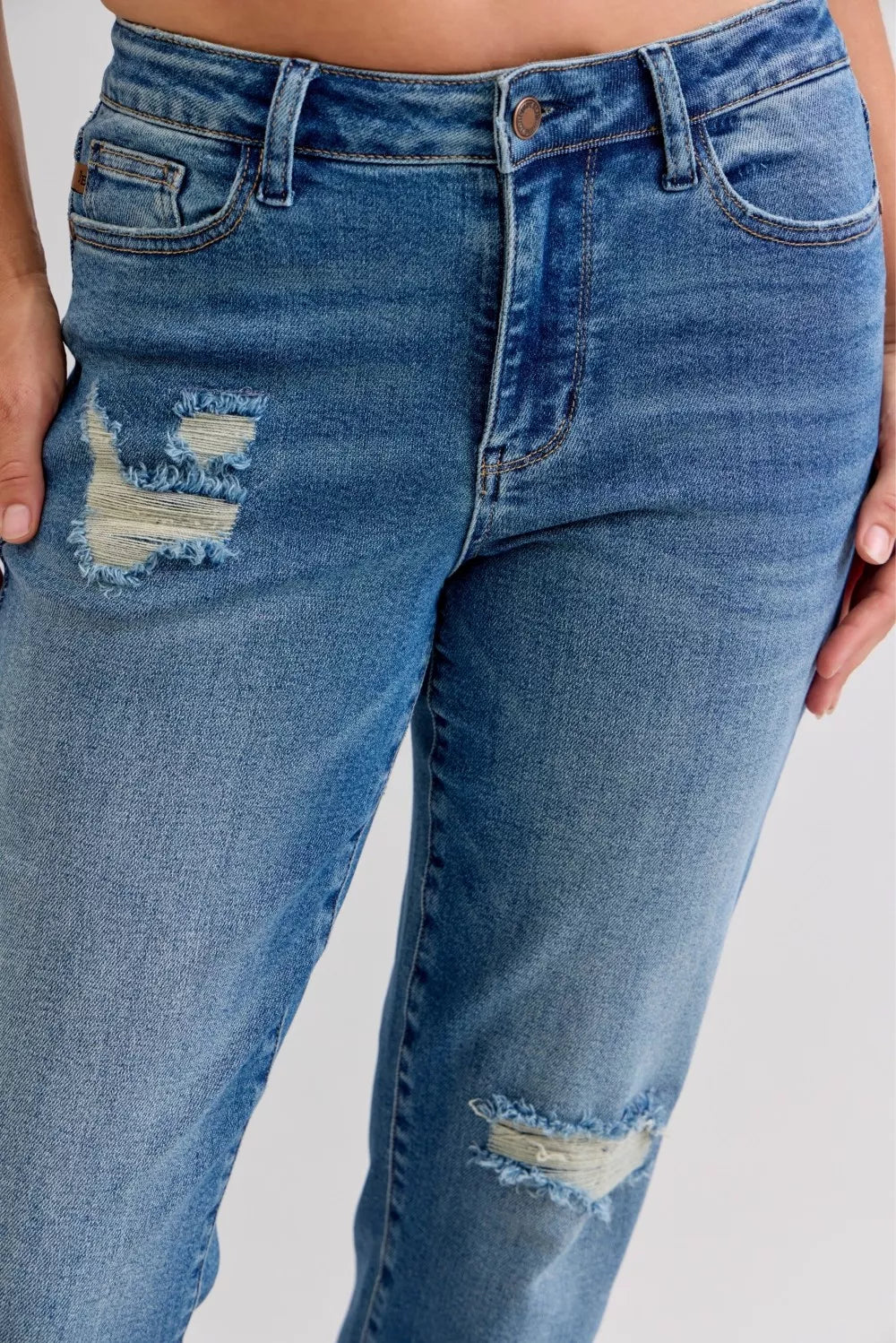 Sarah Express Women’s Plus Size Distressed Boyfriend Jeans with Patch & Repair

