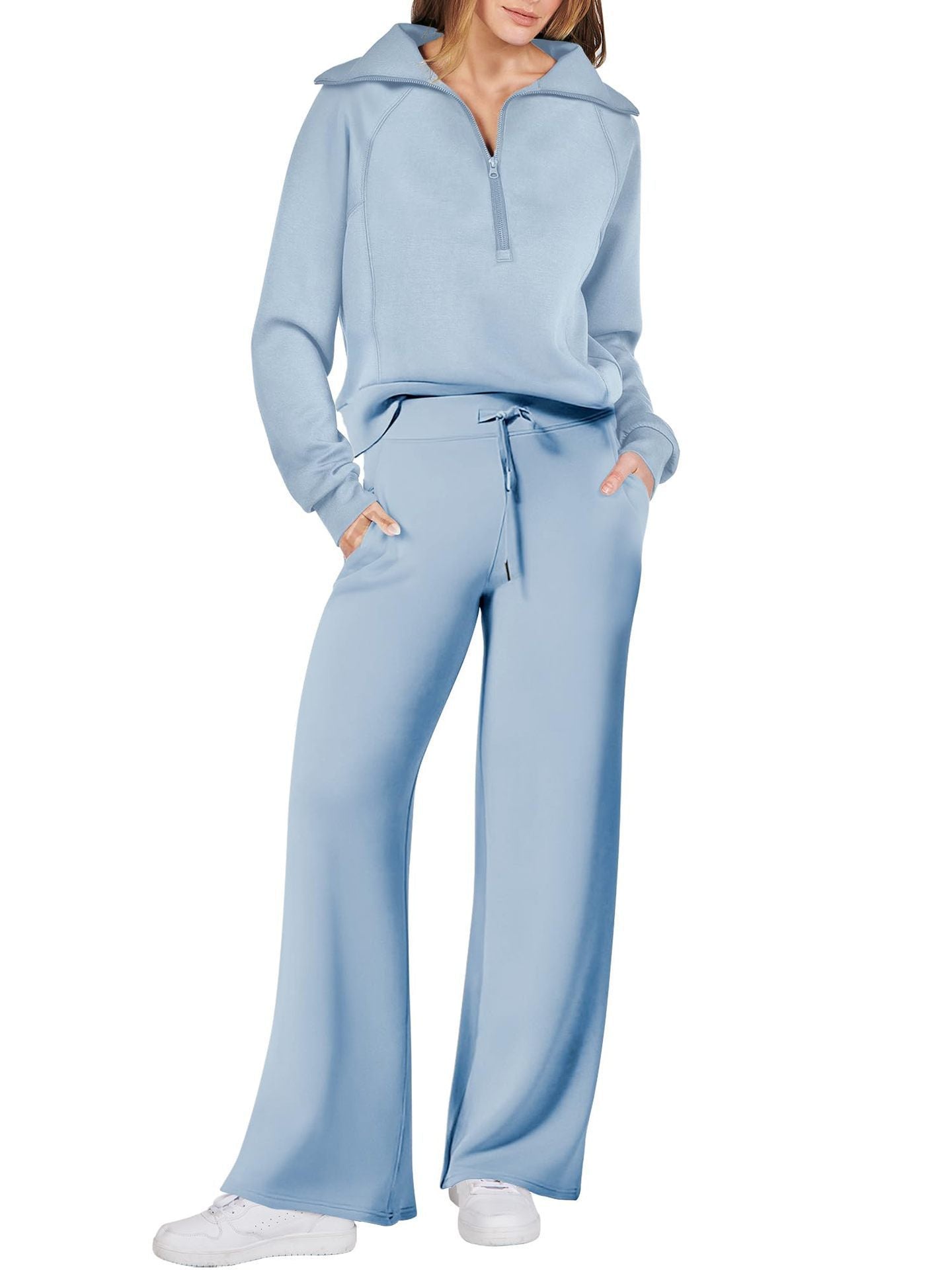 Sarah Express Women's Long Sleeve Zipper Sweatshirt and Wide-Leg Pants Athleisure Set