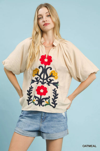 Sarah Express Women's Embroidered Boho Puff Sleeve Blouse - Multicolor V-Neck Top OATMEAL