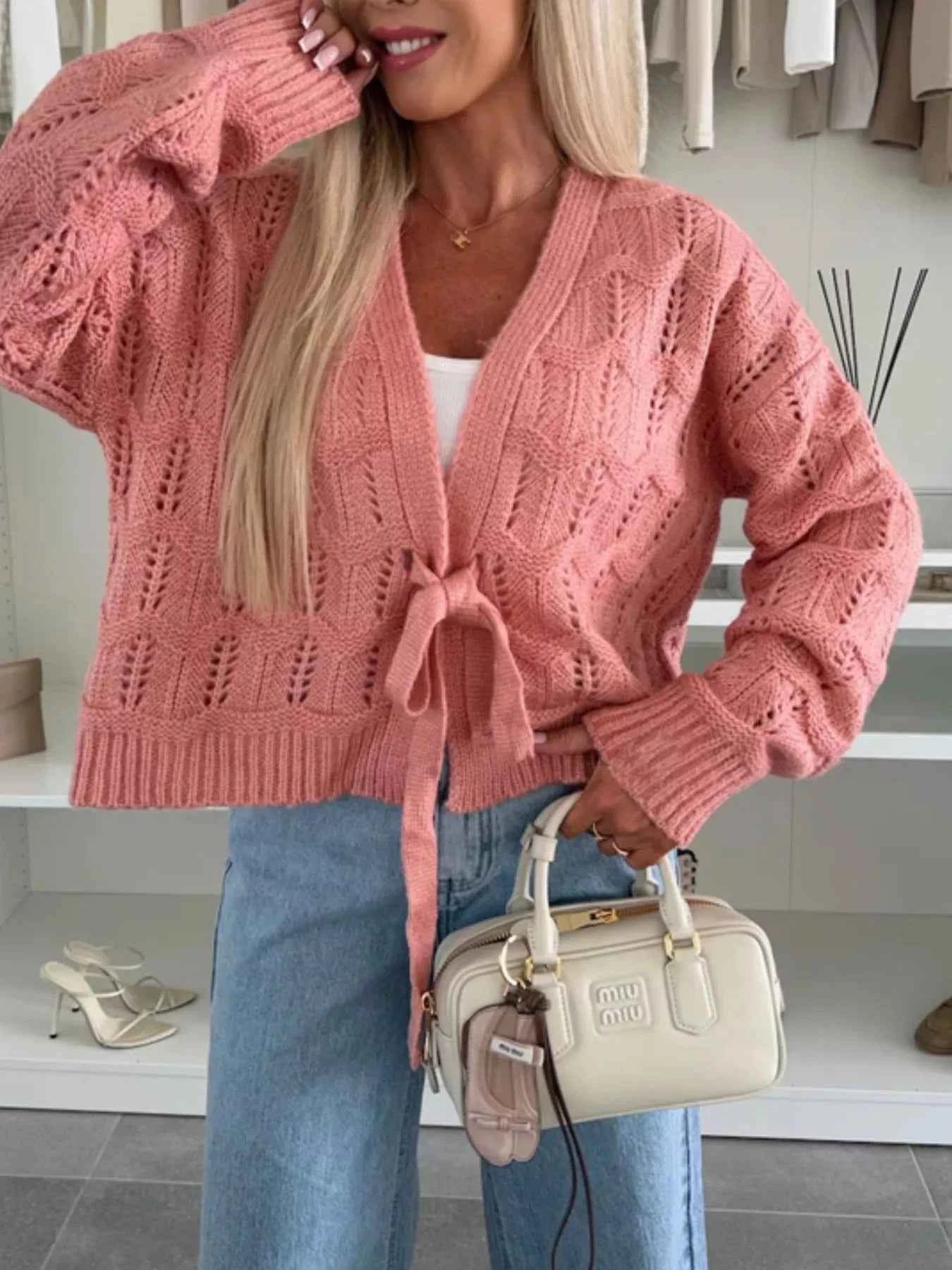 Sarah Express Women's Tie-Front Openwork Cardigan - Lightweight Knit Sweater