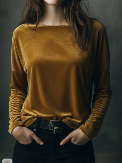 Sarah Express Women's Velvet Long Sleeve T-Shirt - Luxe Soft Touch Top for Plus Size Brown