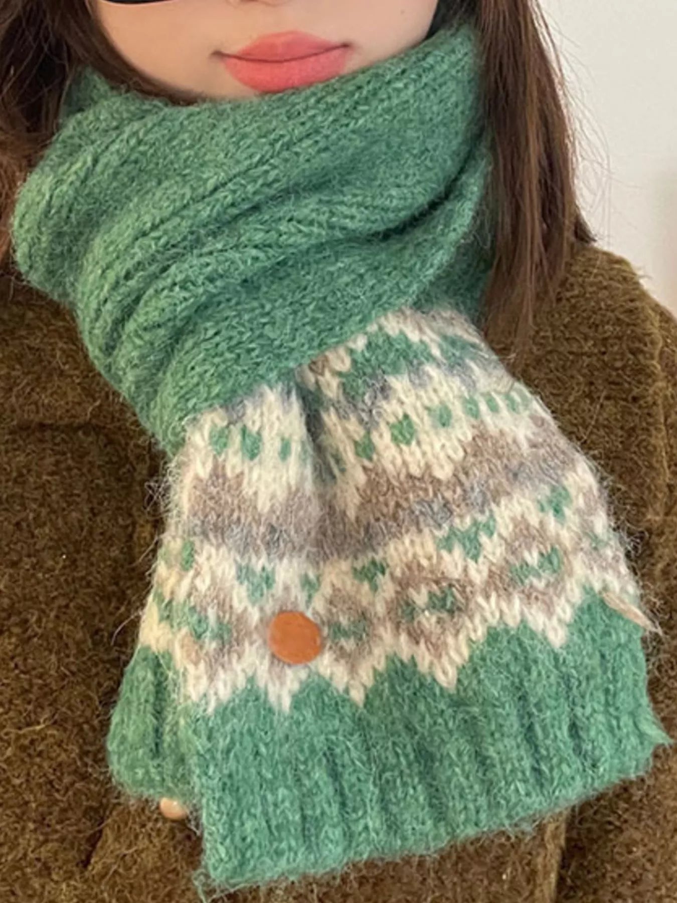 Sarah Express Women's Nordic Pattern Knitted Winter Scarf Green ONESIZE