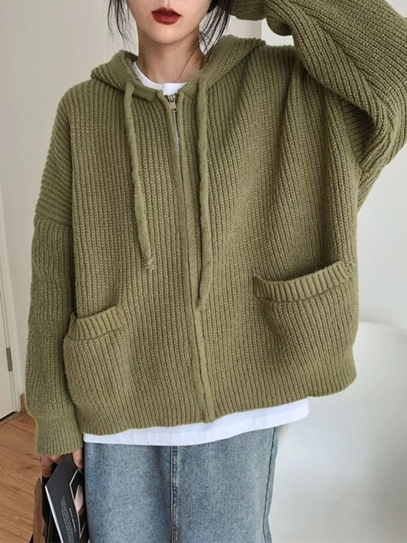 Sarah Express Women's Casual Knitted Zip-Up Hooded Cardigan