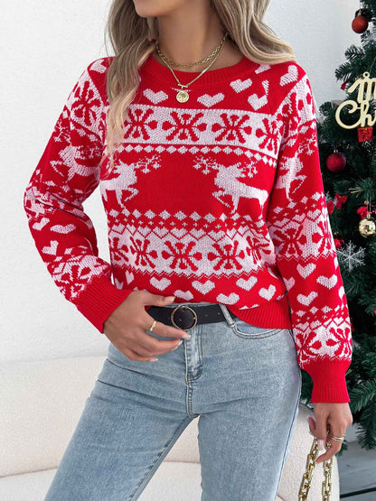 Sarah Express Women's Christmas Deer Pullover Sweater - Festive Holiday Knit Long Sleeve