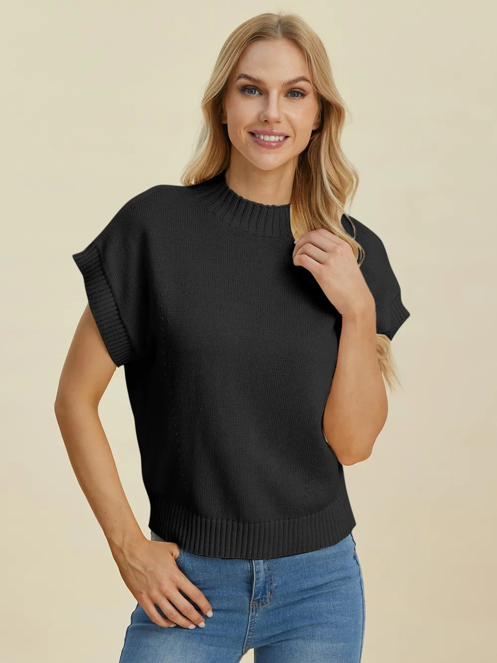 Sarah Express Women's Mock Neck Short Sleeve Sweater