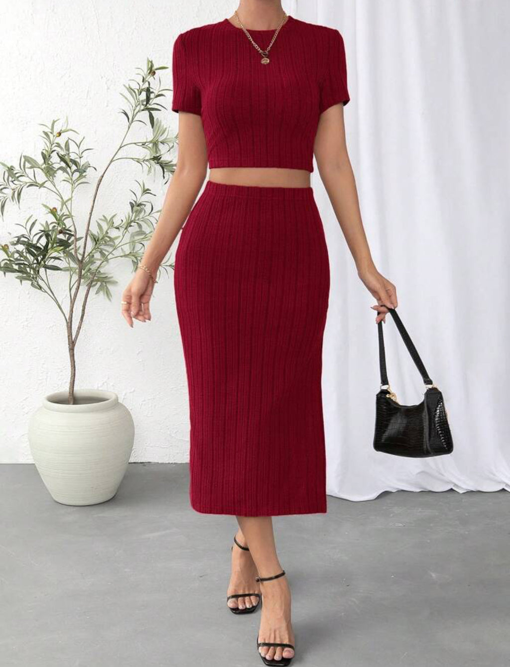 Sarah Express Women's Two-Piece Suit Set High Waist Midi Skirt Long Sleeve Top - Work Professional Classic