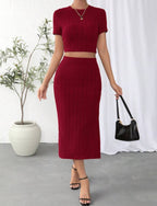 Sarah Express Women's Two-Piece Suit Set High Waist Midi Skirt Long Sleeve Top - Work Professional Classic