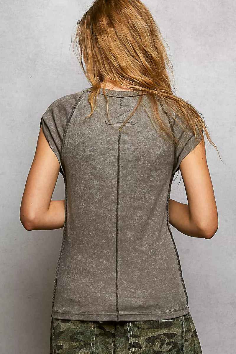 Sarah Express Women's V-Neck Short Sleeve Washed T-Shirt with Outseam