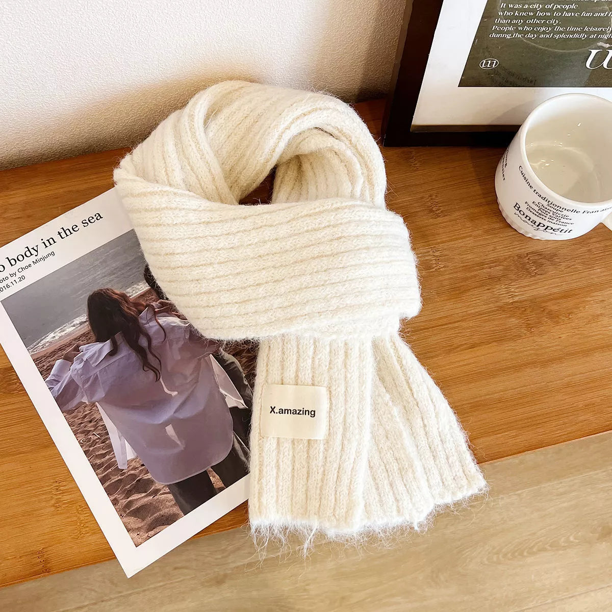 Sarah Express Women's Soft Knit Winter Scarf - Cozy Wool Blend Cream One Size