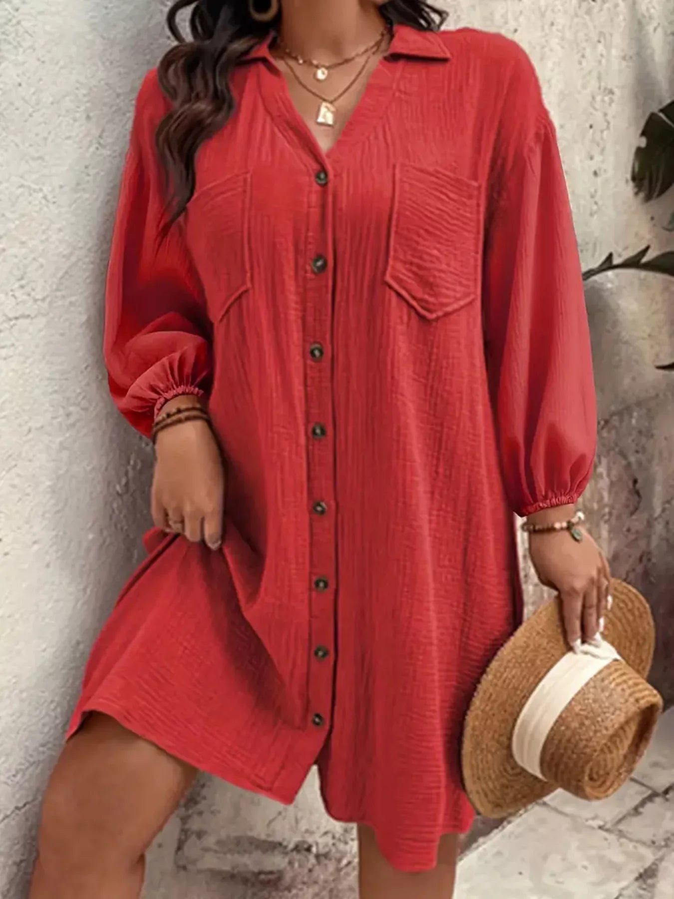 Sarah Express Women's Plus Size Casual Button-Down Shirt Dress Red