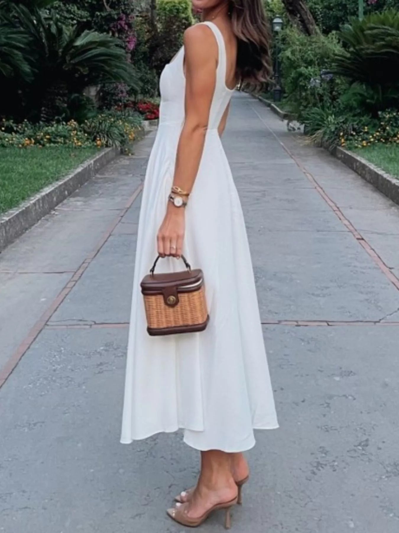 Sarah Express Women's Square Neck Wide Strap A-Line Dress Cotton Blend Casual Midi Dress