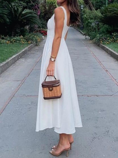 Sarah Express Women's Square Neck Wide Strap A-Line Dress Cotton Blend Casual Midi Dress