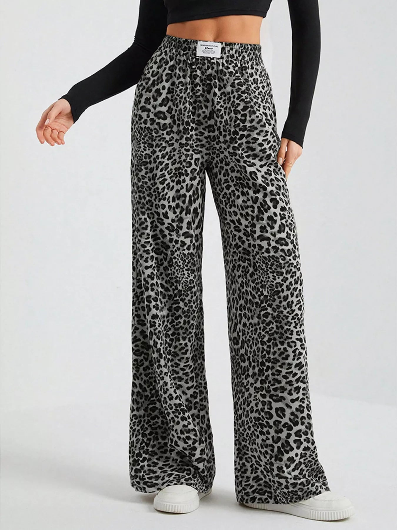 Sarah Express Women's Leopard Print Wide Leg Pants - Drawstring Casual Bottoms Black