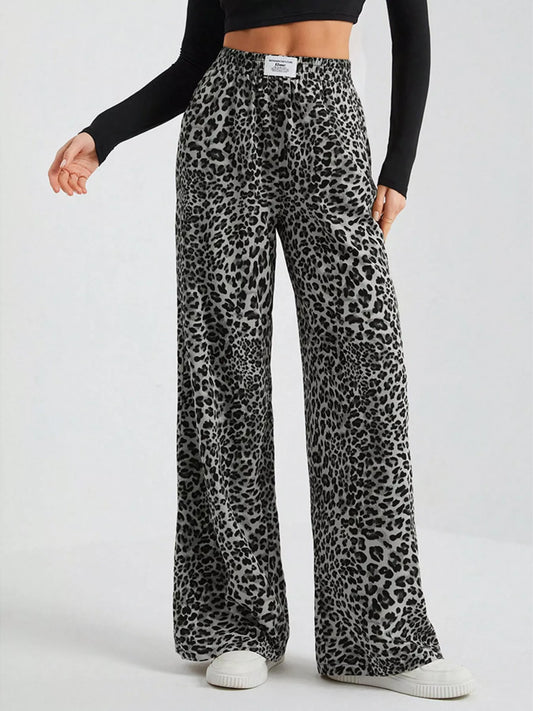 Sarah Express Women's Leopard Print Wide Leg Pants - Drawstring Casual Bottoms Black
