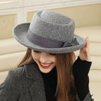 Sarah Express Vintage Flat Top Hat with Bow British Retro Style Women's Fall Winter Cap