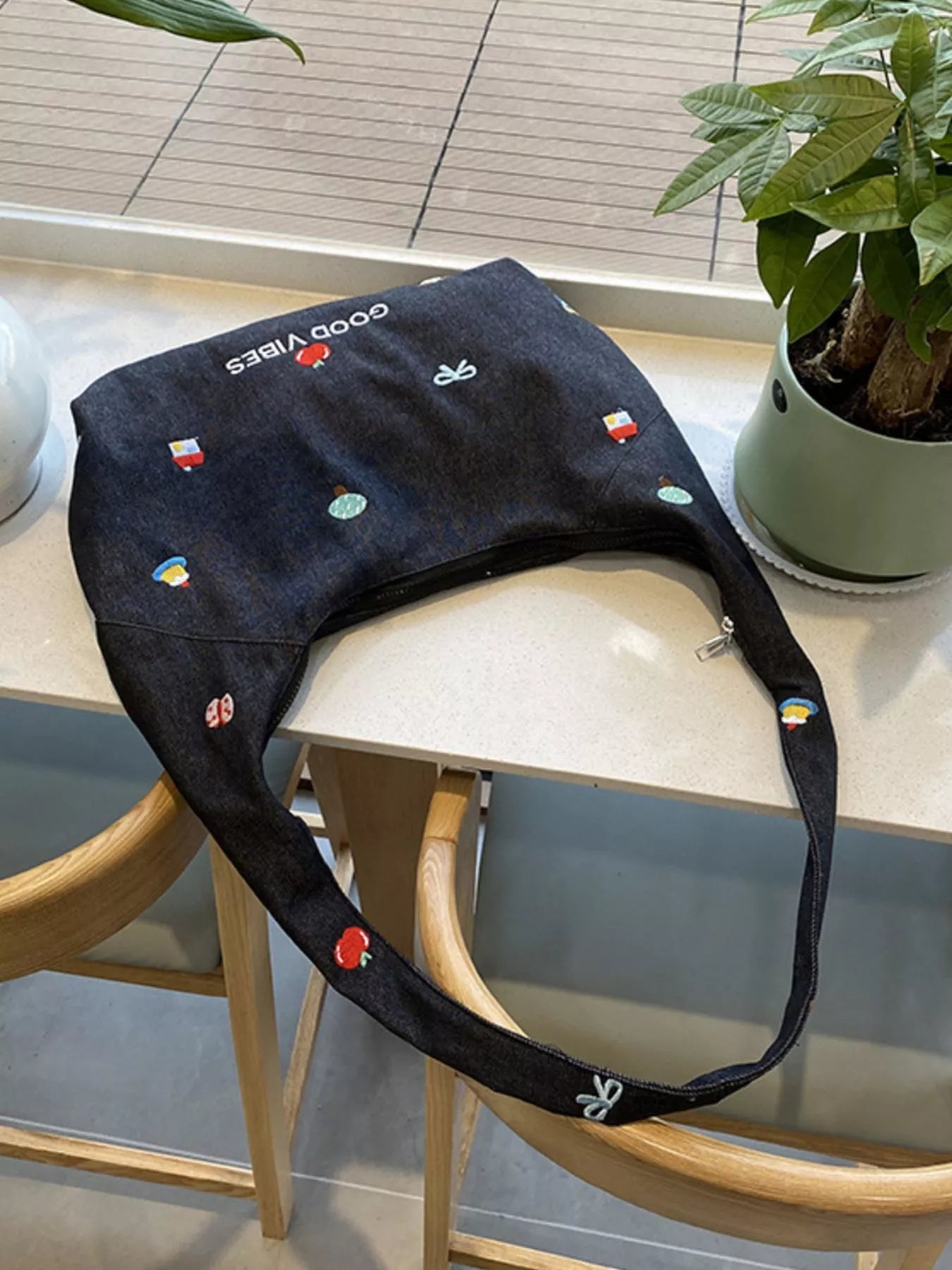 Sarah Express Women's Embroidered Denim Crossbody Bag