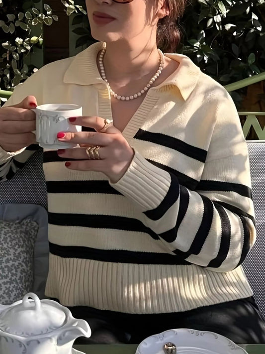 Sarah Express Women's Striped Polo Collar Knit Sweater - Classic Casual Knitwear Stripe