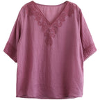 Sarah Express Women's Embroidered Cotton Linen V-Neck T-Shirt Ethnic Retro Style Short Sleeve