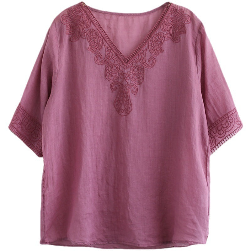 Sarah Express Women's Embroidered Cotton Linen V-Neck T-Shirt Ethnic Retro Style Short Sleeve