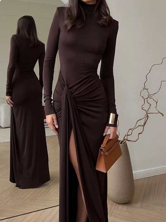 Sarah Express Women's Turtleneck Long Sleeve Slit Maxi Dress Dark Brown