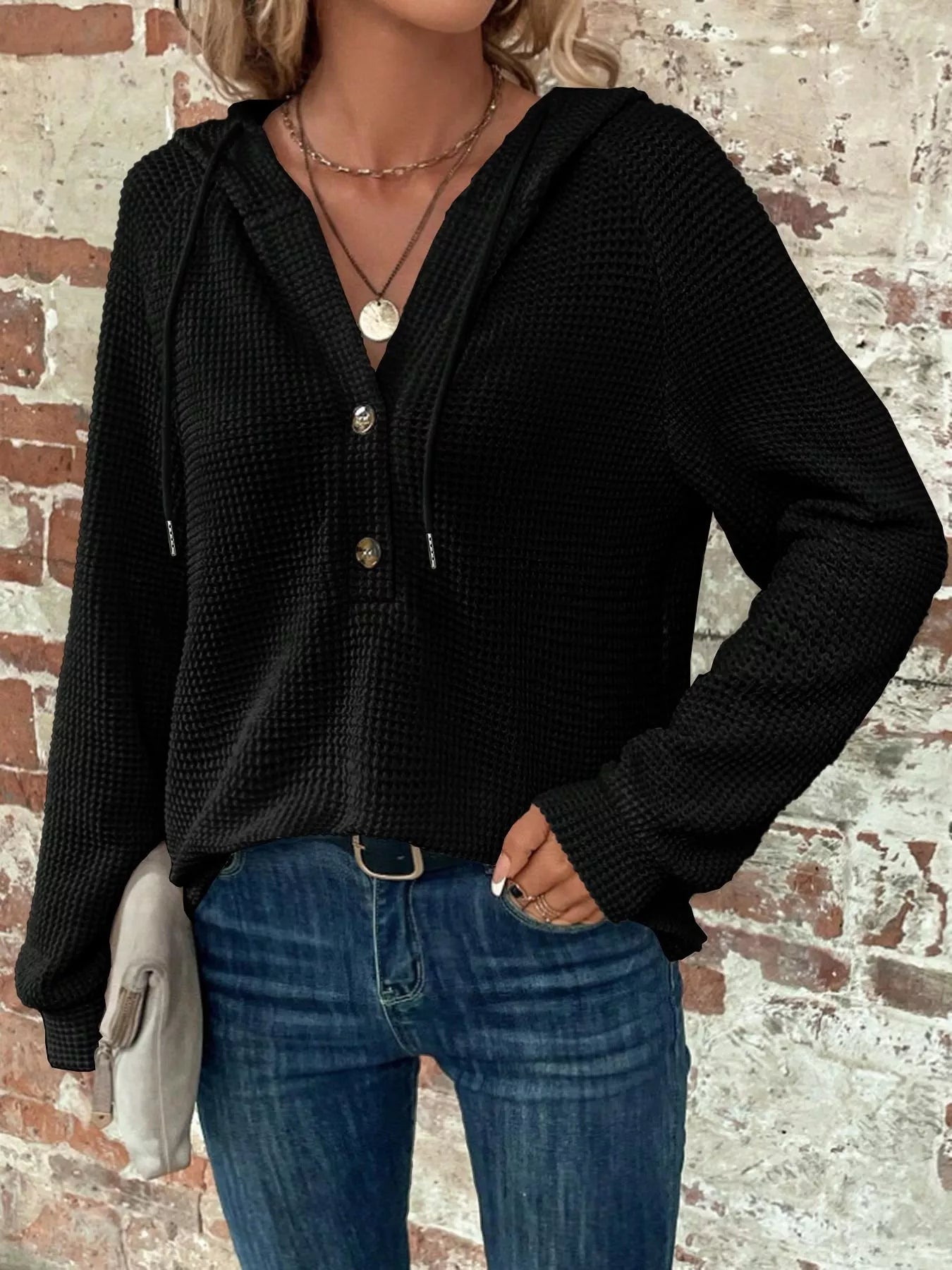 Sarah Express Women's Waffle Knit Button Detail Hoodie