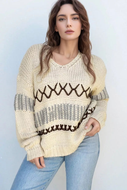 Sarah Express Women's V-Neck Knit Long Sleeve Sweater - Soft Acrylic Pullover Cream