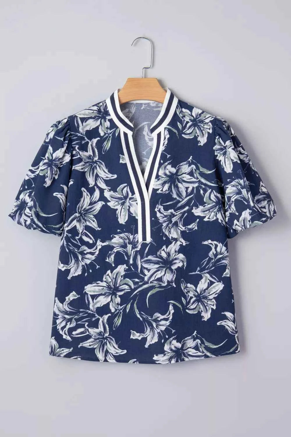 Sarah Express Women's Floral Print Puff Sleeve V-Neck Blouse with Striped Trim