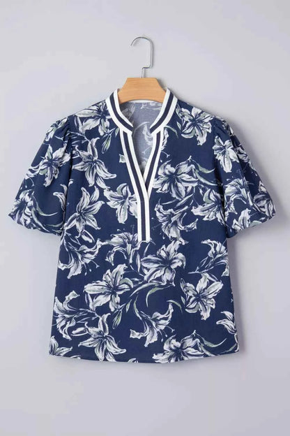 Sarah Express Women's Floral Print Puff Sleeve V-Neck Blouse with Striped Trim