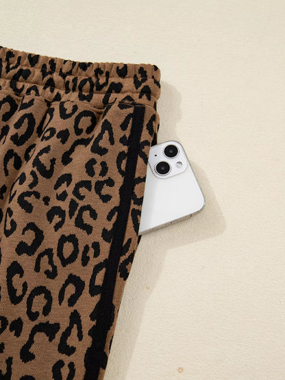 Sarah Express Women's Striped Trim Leopard Long Sleeve Top Drawstring Pant Set