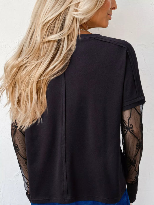 Sarah Express Women's Solid Color Bow Textured Patchwork Long Sleeve Top