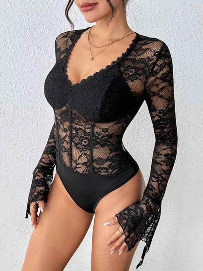 Sarah Express Women's Lace Long Sleeve Bodysuit - Sheer Elegant Top