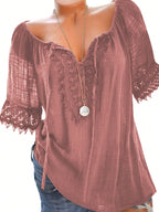 Women's Boho Lace Trim V-Neck Casual Shirt