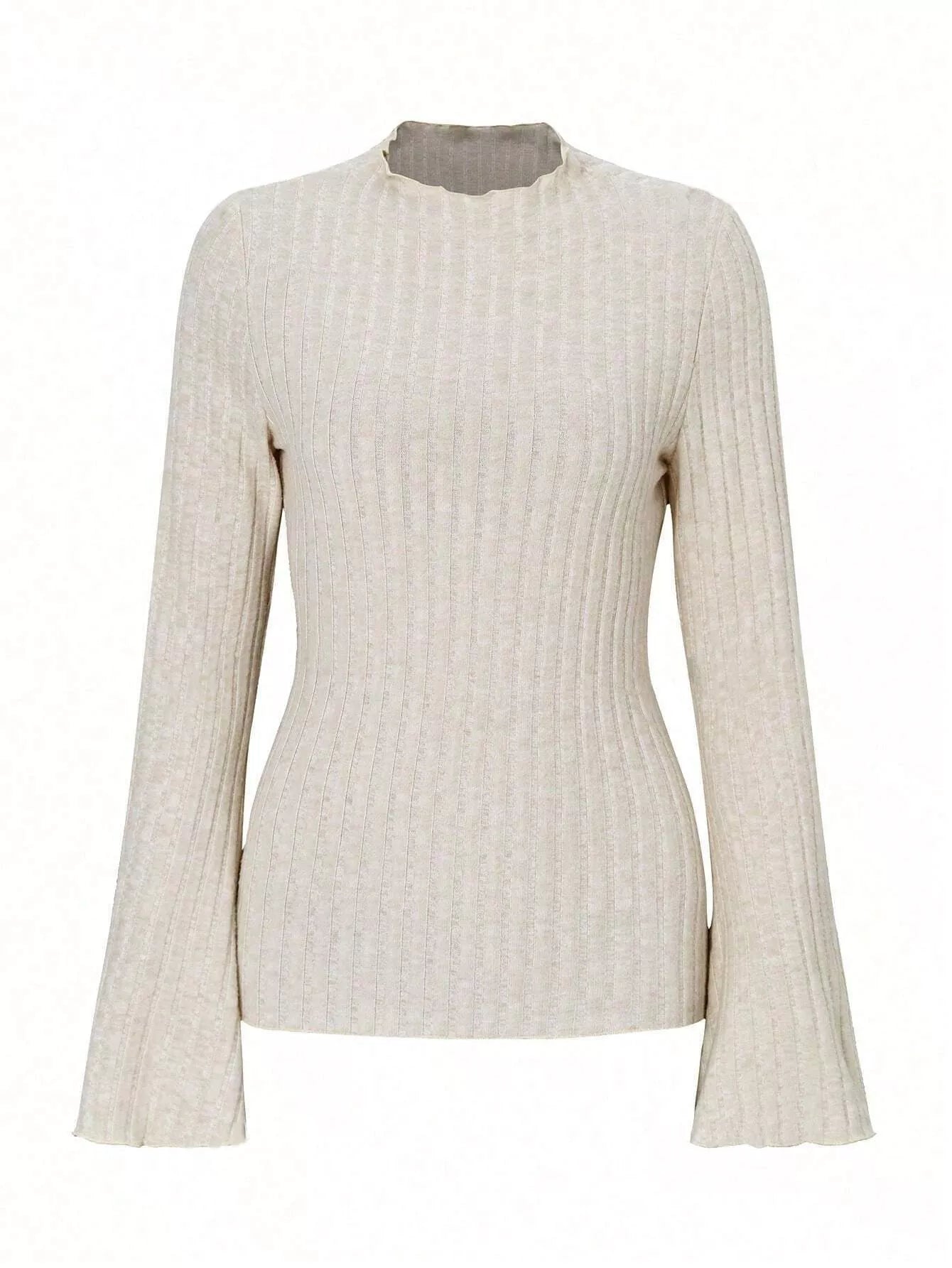 Sarah Express Women's Ribbed Knit Long Sleeve T-Shirt Beige