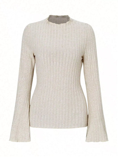 Sarah Express Women's Ribbed Knit Long Sleeve T-Shirt Beige