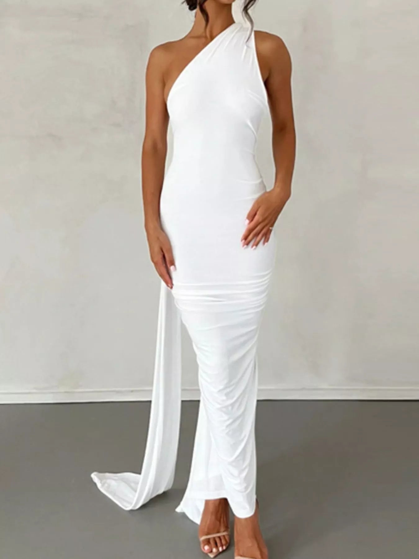 Sarah Express Women's Backless One-Shoulder Ruched Bodycon Maxi Dress White