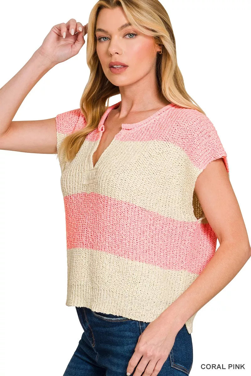 Sarah Express Women's Split Neck Sleeveless Stripe Sweater - Knit Vest Top