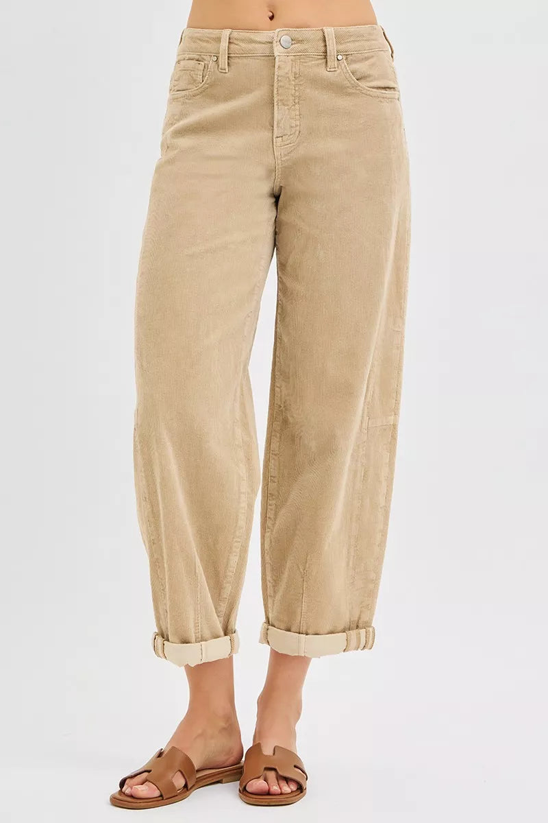 Sarah Express Women's High Rise Crop Barrel Corduroy Pants