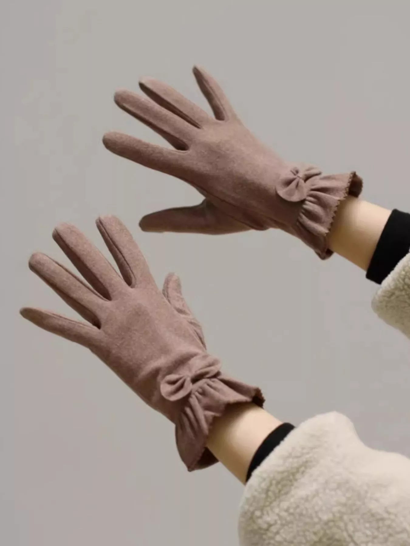 Sarah Express Women's Ruffled Cuff Bow Gloves - Elegant Polyester Accessory