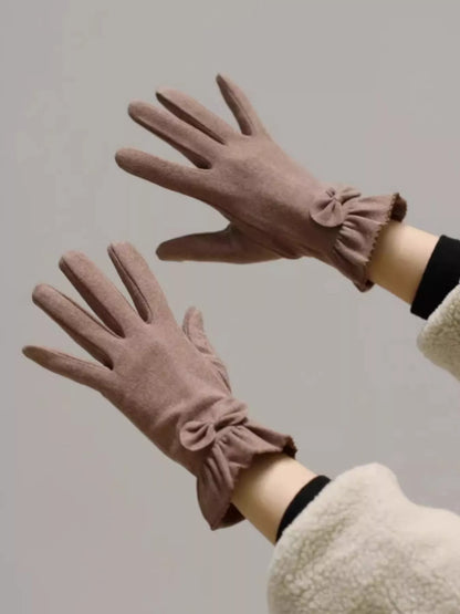 Sarah Express Women's Ruffled Cuff Bow Gloves - Elegant Polyester Accessory