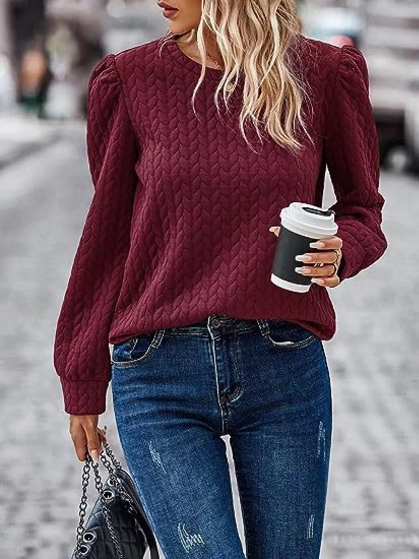 Sarah Express Women's Texture Round Neck Long Sleeve Sweatshirt Burgundy