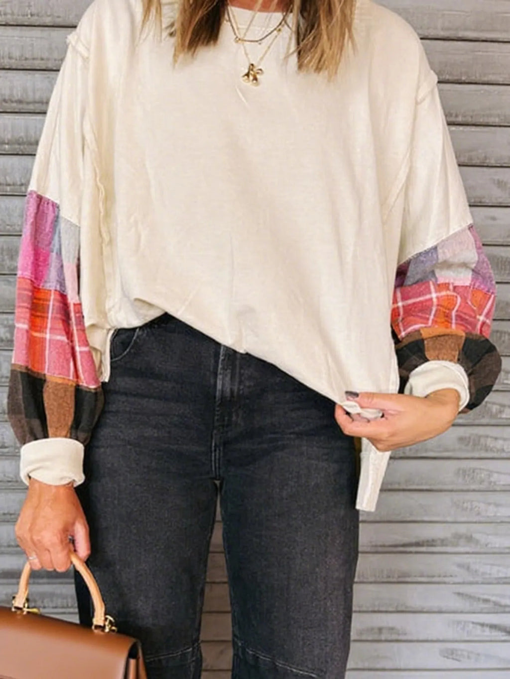 Sarah Express Women's Plaid Sleeve Contrast Casual Sweatshirt Beige