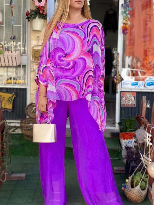 Sarah Express Printed Chiffon Two-Piece Set Round Neck 3/4 Sleeve Top Pants Suit