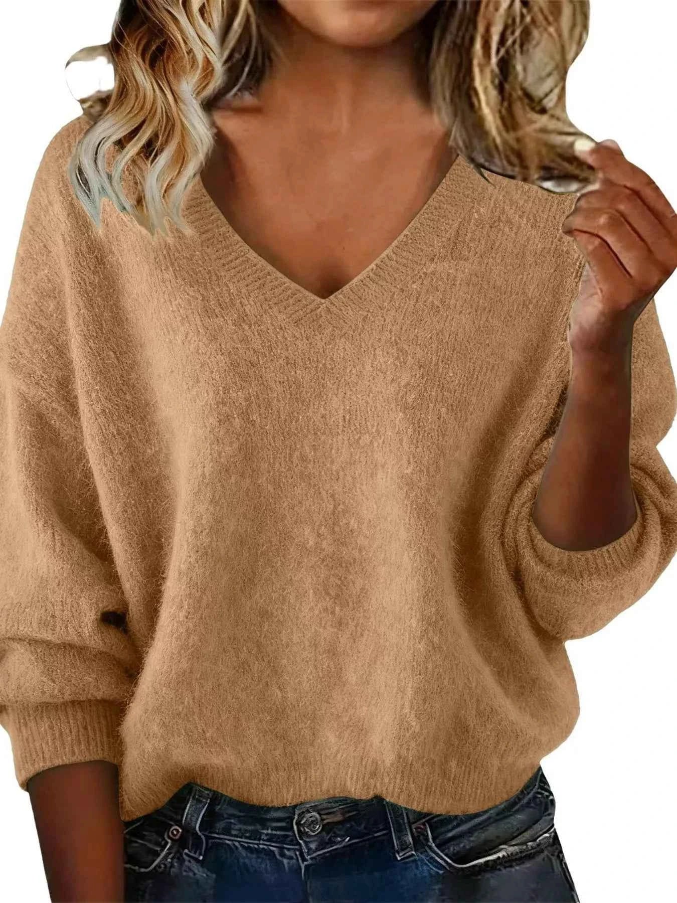 Sarah Express Women's V-Neck Dropped Shoulder Sweater - Plus Size Khaki