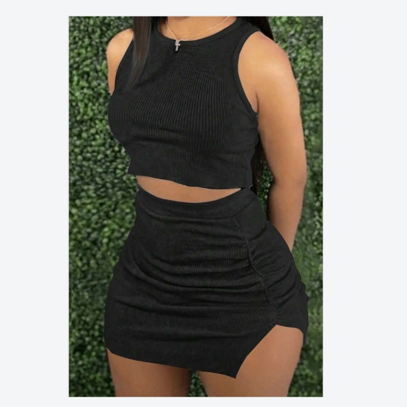 Sarah Express Women's Ribbed Crop Top and Bodycon Skirt Two Piece Set