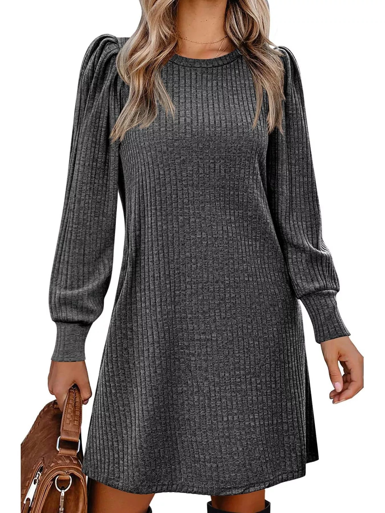 Sarah Express Women's Ribbed Knit Puff Sleeve Mini Dress