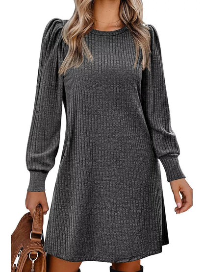 Sarah Express Women's Ribbed Knit Puff Sleeve Mini Dress
