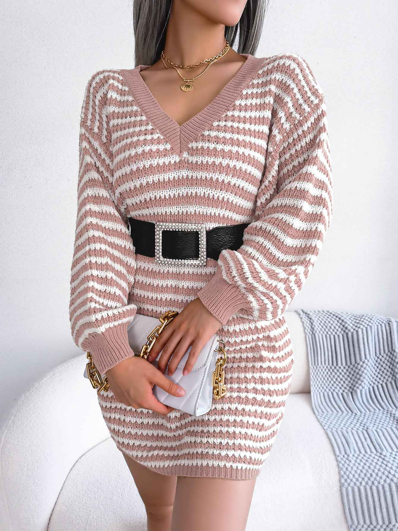 Sarah Express Women's Striped Lace-Up Knitted Dress - Long Sleeve Ribbed Sweater Dress