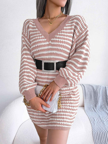 Sarah Express Women's Striped Lace-Up Knitted Dress - Long Sleeve Ribbed Sweater Dress