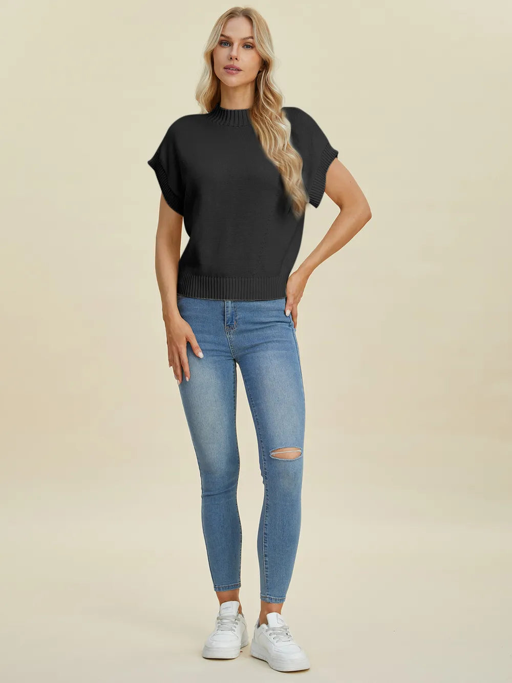 Sarah Express Women’s Plus Size Short Sleeve Mock Neck Viscose Sweater
