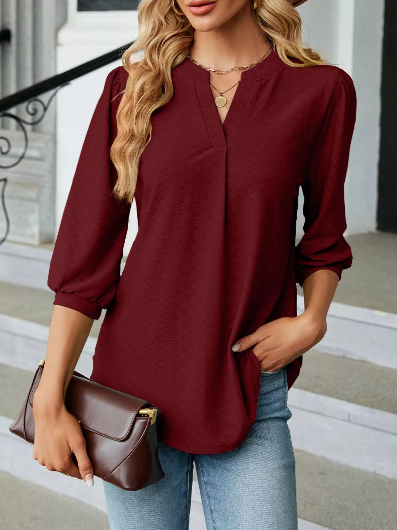 Sarah Express Women's Notched 3/4 Sleeve Casual Top Burgundy